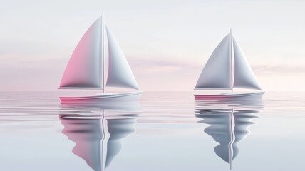 Two white sailboats glide serenely across a calm, reflective body of water, set against a soft pastel sky at dawn.