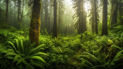 Fototapeta premium Prehistoric forest with giant ferns, misty atmosphere, ancient trees towering, wild nature untouched, primitive environment, dim sunlight filtering, mysterious ambiance, lush greenery, immersive