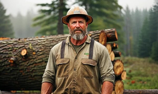Lumberjack with a beard and hard hat stands confidently in front of a massive, freshly cut tree trunk