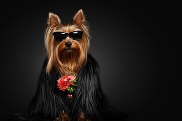 Naklejka premium Stylish dog wearing sunglasses and a floral accessory poses against a dark background for a photoshoot