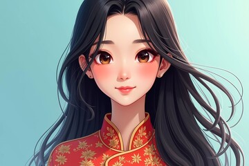 Stunning Anime Girl Portrait in Traditional Chinese Dress: A Digital Painting of Elegance and Charm