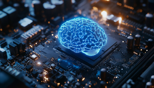 blue digital brain on a circuit board - concept for artificial intelligence