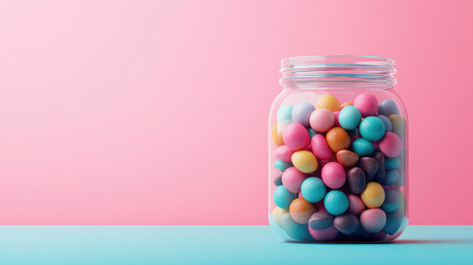 colorful jar filled with assorted sweets creates nostalgic atmosphere, evoking memories of childhood treats and joyful moments