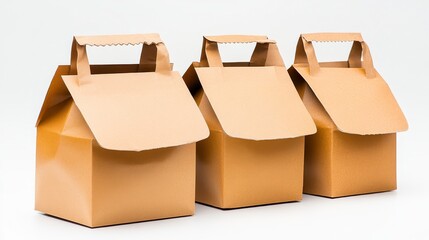 Three brown takeaway boxes with handles, arranged in a row, ideal for food packaging or catering.