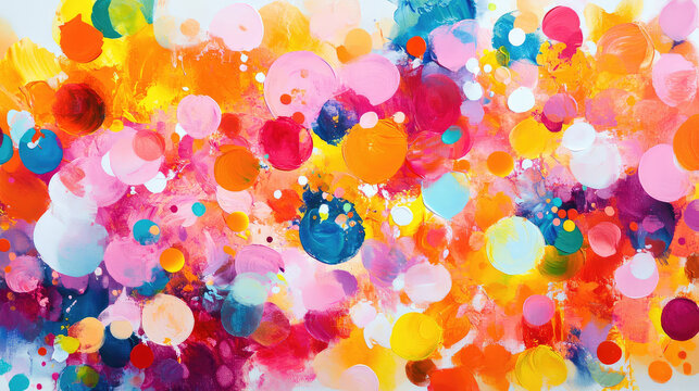 Vibrant abstract art featuring colorful circles and splashes of paint, creating lively and energetic composition. bright hues evoke sense of joy and creativity