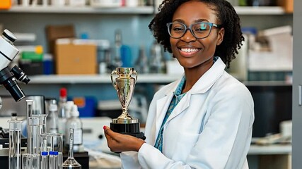 A smiling African American female scientist in a lab coat holding a trophy in a well-equipped laboratory. Concept of recognition and celebrating excellence in scientific research.