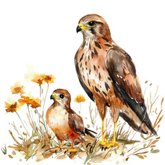 Obraz premium Watercolor Illustration of Harrier Birds Standing Among Wildflowers in Nature Setting