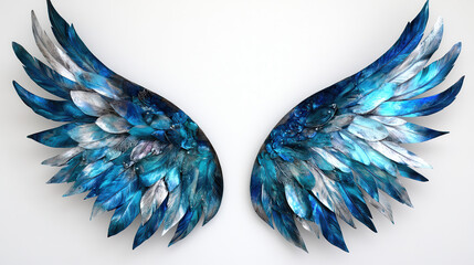 Fototapeta premium A pair of iridescent blue wings, shimmering with metallic highlights, featuring elongated feathers with gradient tones of teal and silver, floating in perfect symmetry on a clean white background, int