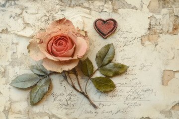 Aesthetic composition featuring pink rose and heart token on vintage paper, evoking feelings of love and nostalgia. delicate petals and faded background create romantic atmosphere