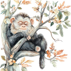 Obraz premium Serene Lion-Tailed Macaque Relaxing on Branch Surrounded by Colorful Foliage in Vibrant Illustration