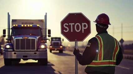 A worker in a reflective vest controlling traffic with a stop sign on a highway. Concept of safety measures and organized roadwork.