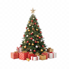 Abstract 3d Christmas tree with beautiful ornaments and many gift box isolated on white background