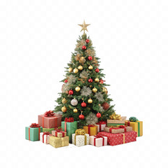 Abstract 3d Christmas tree with beautiful ornaments and many gift box isolated on white background