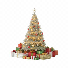 Abstract 3d Christmas tree with beautiful ornaments and many gift box isolated on white background