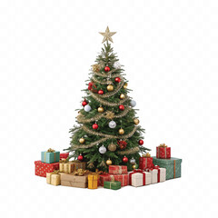 Abstract 3d Christmas tree with beautiful ornaments and many gift box isolated on white background