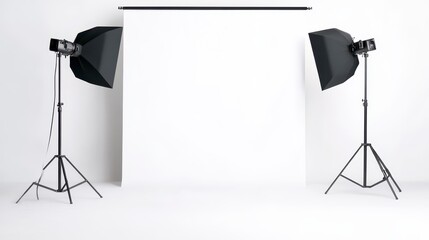 A minimalist photography studio setup featuring two softbox lights positioned on either side of a white backdrop.