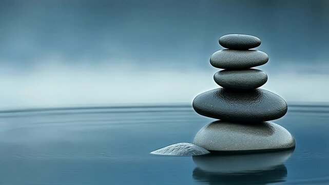 A peaceful stack of smooth stones balanced on still water with ripples. Concept of harmony and inner balance in nature.