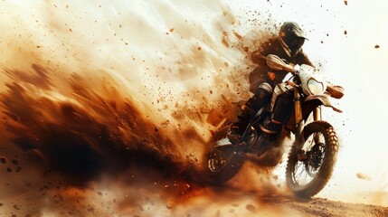 Motorcycle dirt bike rider in action, creating a dynamic cloud of dust and dirt as he speeds through the desert terrain.