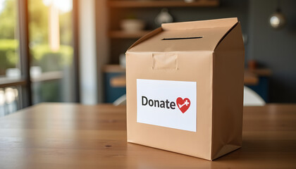 Charity donation box on a wooden table in a cozy home interior
