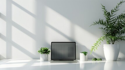 Minimalist Workspace with Laptop and Plants: A sunlit, minimalist workspace featuring a laptop, potted plants, and a clean white desk. The image evokes a sense of calm and productivity.
