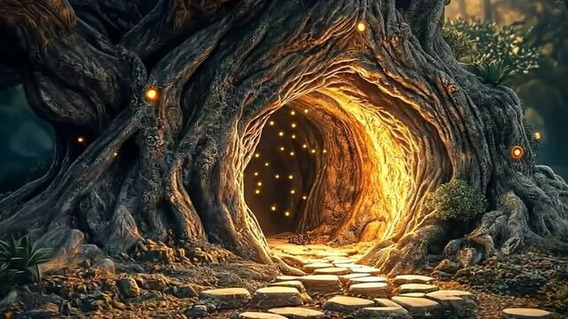 A glowing portal inside an ancient tree surrounded by luminous fireflies. Concept of magical realms and enchanting mysteries.