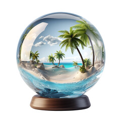 Sea of ​​palm trees and beach inside a glass sphere