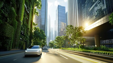 Obraz premium Urban Oasis of 2025: Autonomous Electric Vehicles on Smart Roads, Flanked by Vertical Gardens and Solar Arrays - Epitome of Sustainable Innovation
