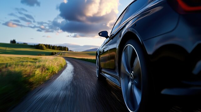 A black car is driving down a road with a cloudy sky in the background - Powered by Adobe