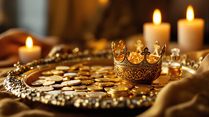 Close-Up of the Three Kings' Gifts: Gold, Frankincense, and Myrrh on an Ornate Golden Tray, Illuminated by Candlelight AI