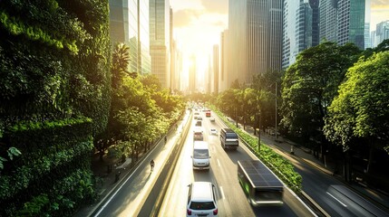 Urban Oasis of 2025: Autonomous Electric Vehicles on Smart Roads, Flanked by Vertical Gardens and Solar Arrays - Epitome of Sustainable Innovation