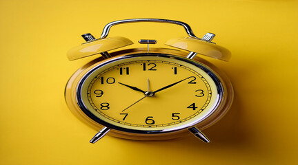 Black Retro Alarm Clock Casting a Bold Shadow on a Bright Yellow Background, Evoking a Strong Visual Contrast and Emphasizing the Timeless Nature of Timepieces.