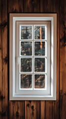 Fototapeta premium A white-framed window set in a wooden wall, reflecting trees outside.