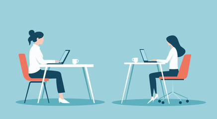 Vector illustration of a businesswoman sitting at a desk, focused on a laptop with a cup of coffee beside her