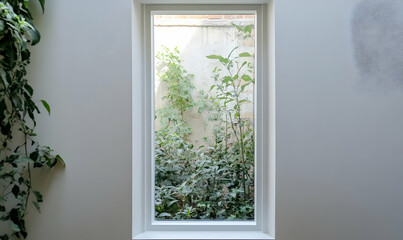 A window view showcasing lush greenery against a textured wall.