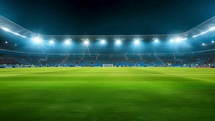 A brightly lit soccer stadium highlighting freshly manicured green grass under the floodlights at night. Experience the Thrill of a Stunning Nighttime Soccer Stadium in 4K Video Footage  