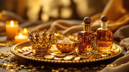 Close-Up of the Three Kings' Gifts: Gold, Frankincense, and Myrrh on an Ornate Golden Tray, Illuminated by Candlelight AI