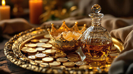 Close-Up of the Three Kings' Gifts: Gold, Frankincense, and Myrrh on an Ornate Golden Tray, Illuminated by Candlelight AI