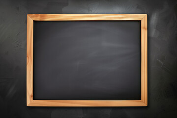 Black chalkboard with a natural wooden frame on a textured dark background. Suitable for educational content, advertising templates, or creative design projects with space for custom text or artwork.