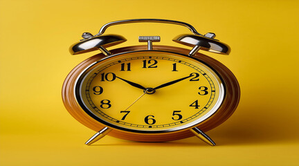 Black Retro Alarm Clock Casting a Bold Shadow on a Bright Yellow Background, Evoking a Strong Visual Contrast and Emphasizing the Timeless Nature of Timepieces.