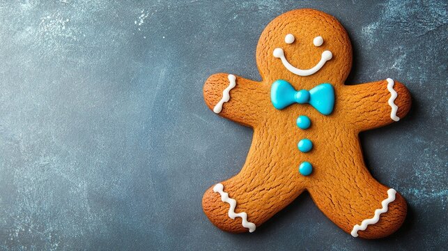 Smiling Gingerbread Man Cookie With Red Bow Tie Festive Holiday Theme Blue Backdrop 