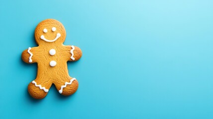 Gingerbread Man Cookie With Blue Bow Tie Decorative Holiday Treat On Light Blue Background