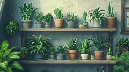 A lush indoor plant collection featuring various green plants like ferns and succulents in a bright living space