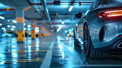 Fototapeta premium Luxury Car in Modern Parking Garage: Sleek Design and Blue Lighting
