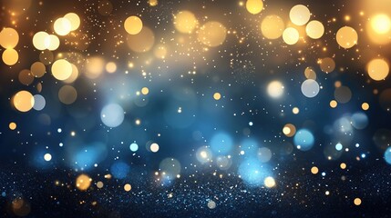 Abstract dark blue and gold particle background with Christmas golden light bokeh