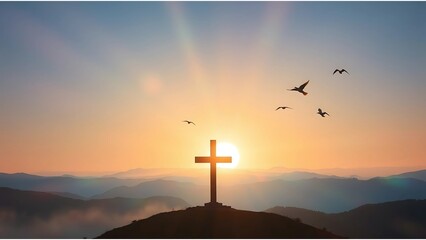 Celebrating Easter with a serene sunrise over the mountains and a cross symbolizing hope and resurrection