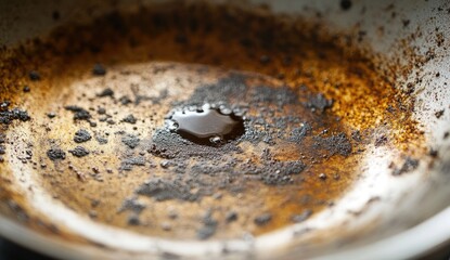 Stains on the pan. A close-up of an oil stain on the bottom side of a stainless steel dinner plate. burnt areas, scattered across the surface of the metal bowl-shaped dish. Dishwashing liquid
