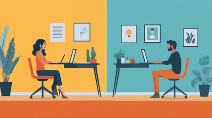 Man and woman working on laptops in an office with plants and pictures on the wall.