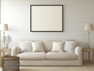 Horizontal Black Picture Frame Mounted Above Couch in Modern Traditional Room