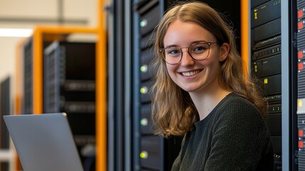 Blonde Woman Wearing Glasses Data Center Professional Smiling Brightly