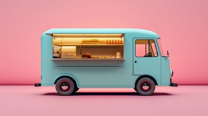Pastel blue food truck on pink background. (1)